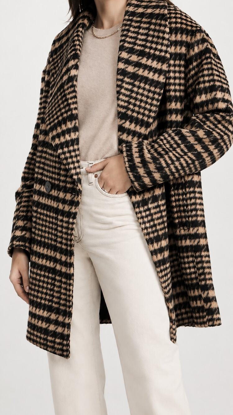 Avec Les Filles Houndstooth Plaid Wool Blend Oversized Coat Camel Black XL